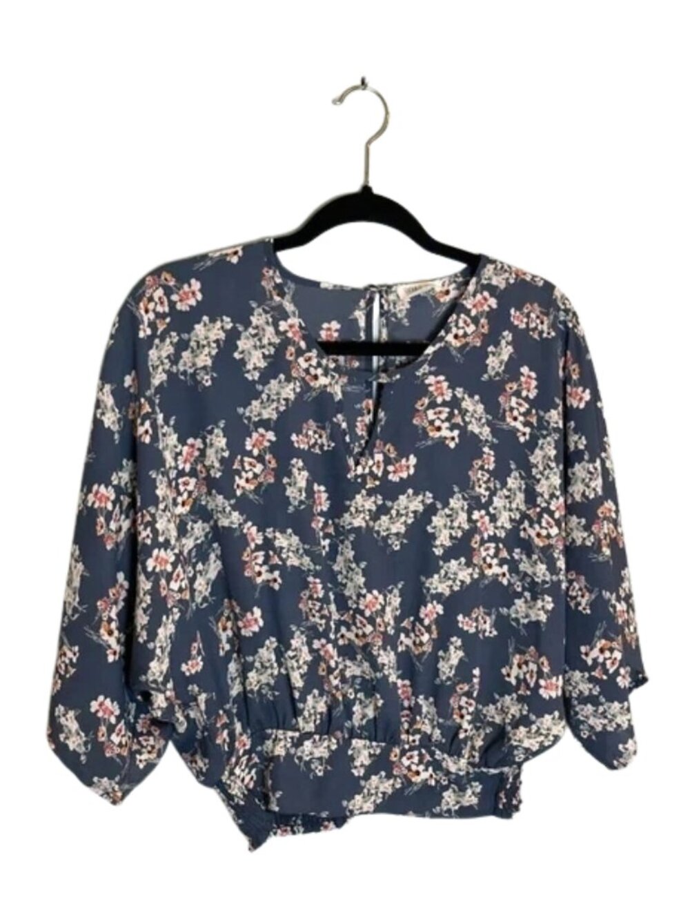 Sienna Sky Women's Floral Print Key Hole V-Neck Blouse Top Blue And Pink Size XS